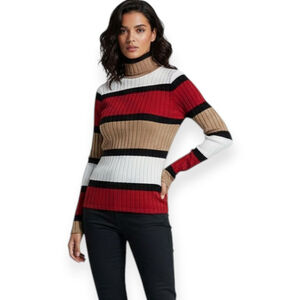 Mango Ribbed Mock Neck Striped Top Small